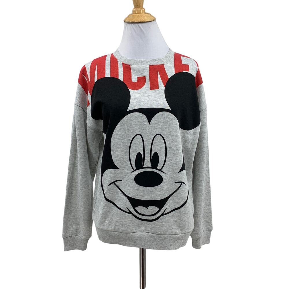 Disney Sweatshirt Womens XS Heathered Gray Mickey Mouse Big Logo Retro Pullover